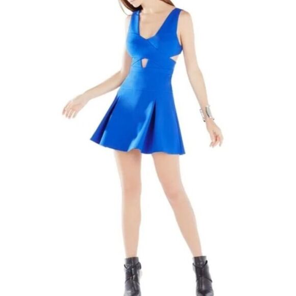 BCBGMAXAZRIA Harlie Cutout Cobalt Blue Fit and Flare V Neck Cocktail Mini Dress - Picture 2 of 16